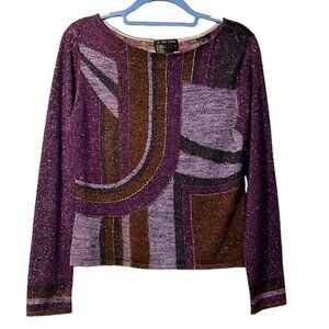 Gorgeous Ruby Cho Beaded Purple Silk Abstract Print Long Sleeve Top
